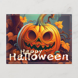Cartão Postal De Festividades Abóbora Laranja Assustadora com Rosto, Halloween