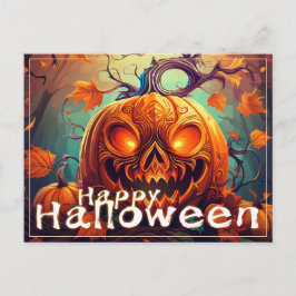 Cartão Postal De Festividades Abóbora Laranja Assustadora com Rosto, Halloween