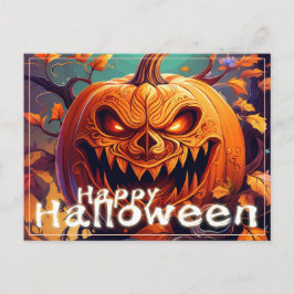 Cartão Postal De Festividades Abóbora Laranja Assustadora com Rosto, Halloween