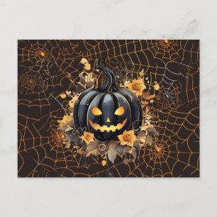 Cartão Postal De Festividades Abóbora Negra com Teias de Aranha Laranja Hallowee