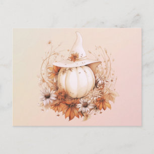 Cartão Postal De Festividades Abóboras Brancas Boêmias Chapéu de Bruxas Hallowee