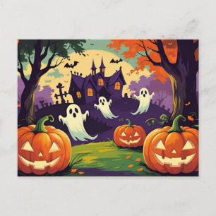 Cartão Postal De Festividades Abóboras de Halloween, Fantasma e Casa Assombrada 