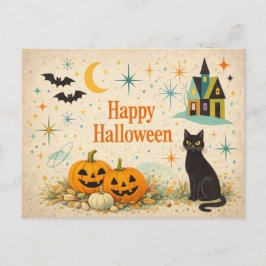 Cartão Postal De Festividades Abóboras Laranja de Meados do Século Halloween