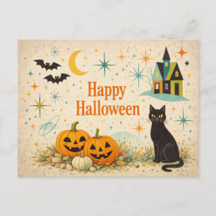 Cartão Postal De Festividades Abóboras Laranja de Meados do Século Halloween