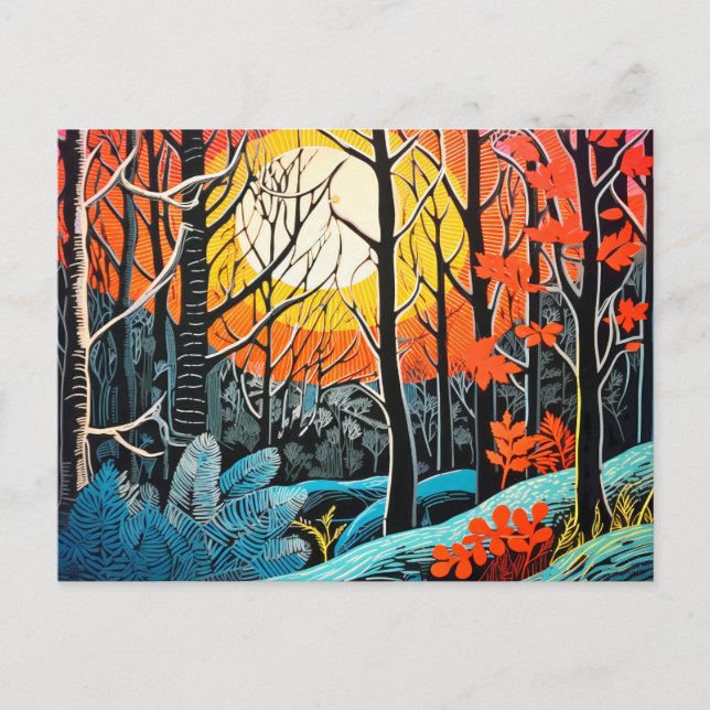 Cartão Postal De Festividades Abstração em um inverno de Linocut cativante (Frente)