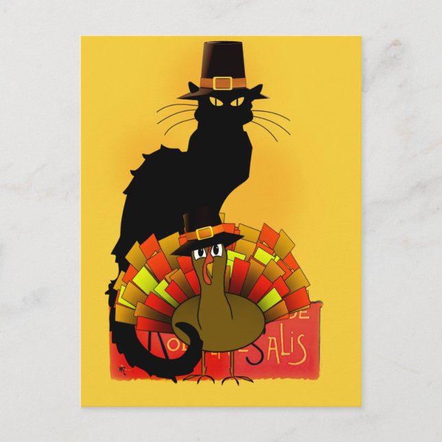 Cartão Postal De Festividades Ação De Graças Le Chat Noir Com A Turquia Peregrin (Frente)