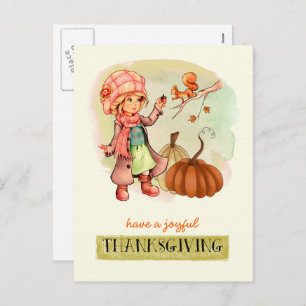 Cartão Postal De Festividades Ação de Graças Personalizada para Menina e Esquilo
