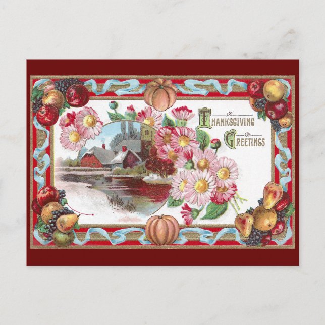 Cartão Postal De Festividades Ação de Graças sobre fazendas, Frutas e Mães Rosa (Frente)