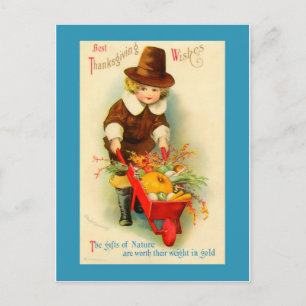 Cartão Postal De Festividades Ação de Graças Vintage Pilgrim Boy & Wheelbarrow