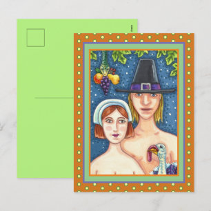 CARTÃO POSTAL DE FESTIVIDADES ADAM & EVE PILGRIMS, BIBLICAL WHIMSY AGRADECIMENTO