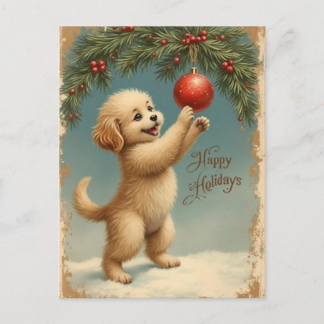 Cartão Postal De Festividades Add Your Text Season’s Greetings Puppy Postcard (Frente)