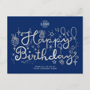 Cartão Postal De Festividades Adicione o logotipo Doodle Prata Feliz Aniversário
