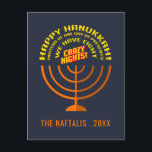 Cartão Postal De Festividades Adicione Seu Nome Feliz Saudações Hanukkah<br><div class="desc">Adicione seu nome e ano a este cartão engraçado,  moderno e moderno de Chanucá que diz "Feliz Chanucá! Em vez de um dia de presentes,  temos oito noites loucas!"</div>