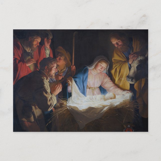 Cartão Postal De Festividades Adoração dos pastores - Honthorst - Natal (Frente)