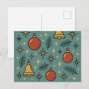 Cartão Postal De Festividades Adornos de Natal Retro Padrão de Sinos e Estrelas