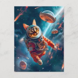 Cartão Postal De Festividades Adventurous Space Cat Floating Gracefully Beyond E