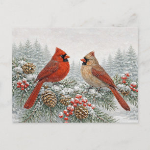 Cartão Postal De Festividades Aguarela de Inverno Cardinal Vermelho Par no Pinhe