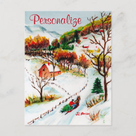 Cartão Postal De Festividades Aguarela do Natal da montanha do passeio do trenó