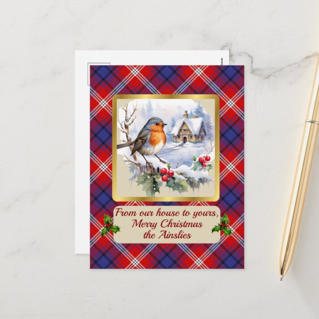 Cartão Postal De Festividades Ainslie Tartan w/Robin Personalizado (Frente/Verso In Situ)