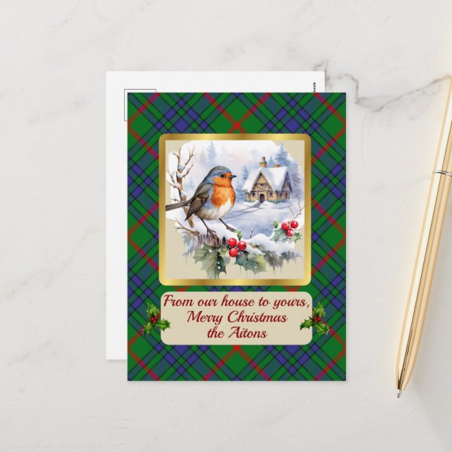 Cartão Postal De Festividades Aiton Tartan w/Robin Personalizado (Frente/Verso In Situ)