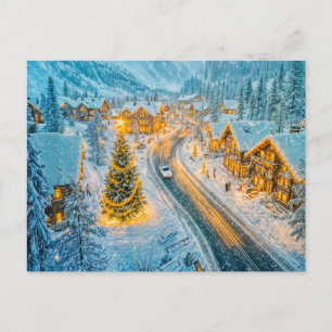 Cartão Postal De Festividades Aldeia de montanha de inverno com decorações de Na