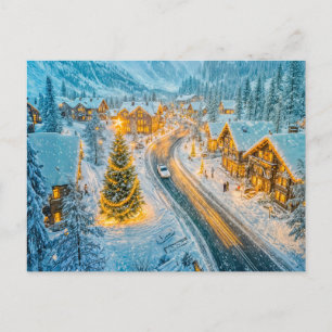 Cartão Postal De Festividades Aldeia de montanha de inverno com decorações de Na