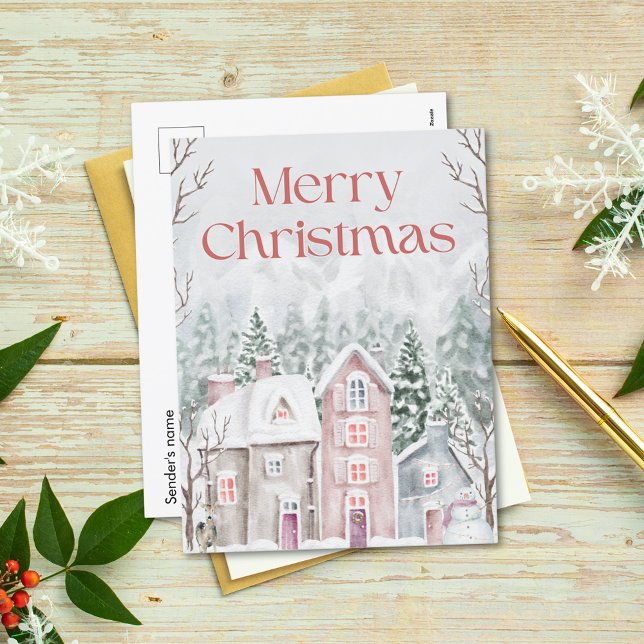 Cartão Postal De Festividades Aldeia de Neve com Cama de Água Bonita Feliz Natal (Criador carregado)