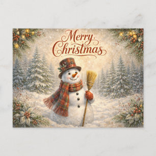 Cartão Postal De Festividades Alegre Boneco de Neve Rústico Feliz Natal