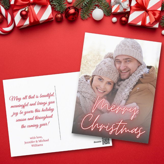 Cartão Postal De Festividades alegre fotografia de néon vermelho de natal (Criador carregado)