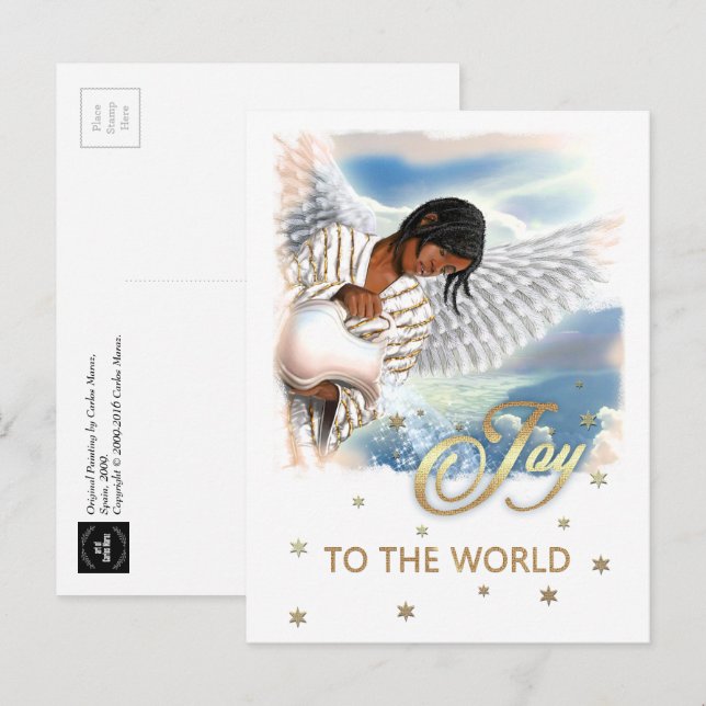 Cartão Postal De Festividades Alegria ao Mundo. Afro-Americano Angel Christmas (Frente/Verso)