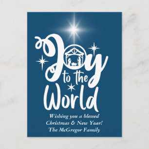 Cartão Postal De Festividades Alegria Natal ao Mundo Azul e Branco