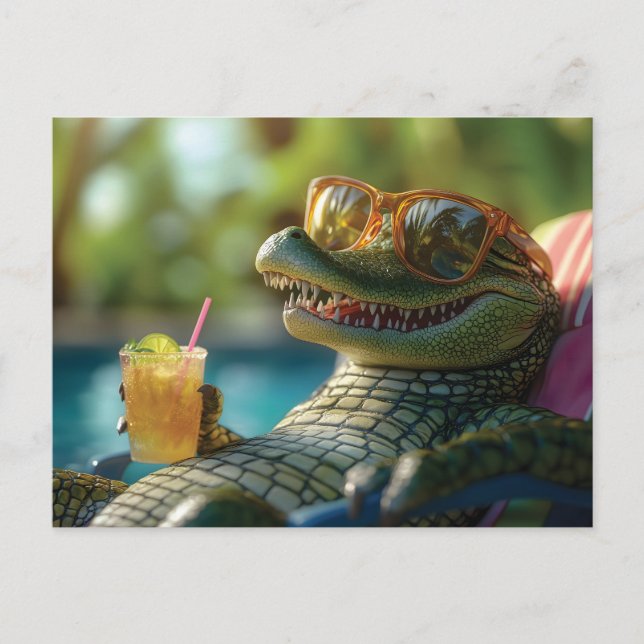 Cartão Postal De Festividades Alligator desfrutando de um coquetel ao lado do po (Frente)