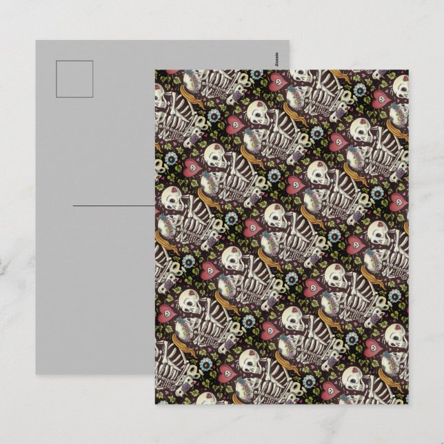 CARTÃO POSTAL DE FESTIVIDADES AMANTES ENTRE O IVY, OS ESQUELETÕES DOCES EMBRAÇAM (Frente/Verso)