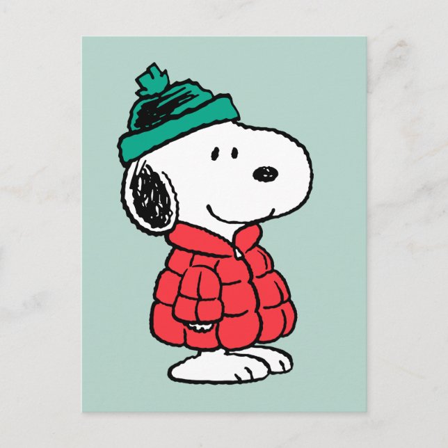 Cartão Postal De Festividades Amendoins | Casaco de inverno e chapéu de Snoopy (Frente)