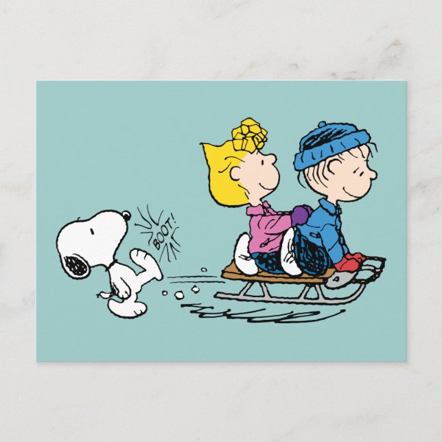 Cartão Postal De Festividades Amendoins | Snoopy, Sally & Linus Sled Riding (Frente)