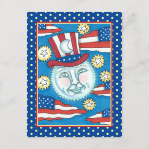 CARTÃO POSTAL DE FESTIVIDADES AMERICANA PATRIÓTICO DE ARTE FOLK NA LUA
