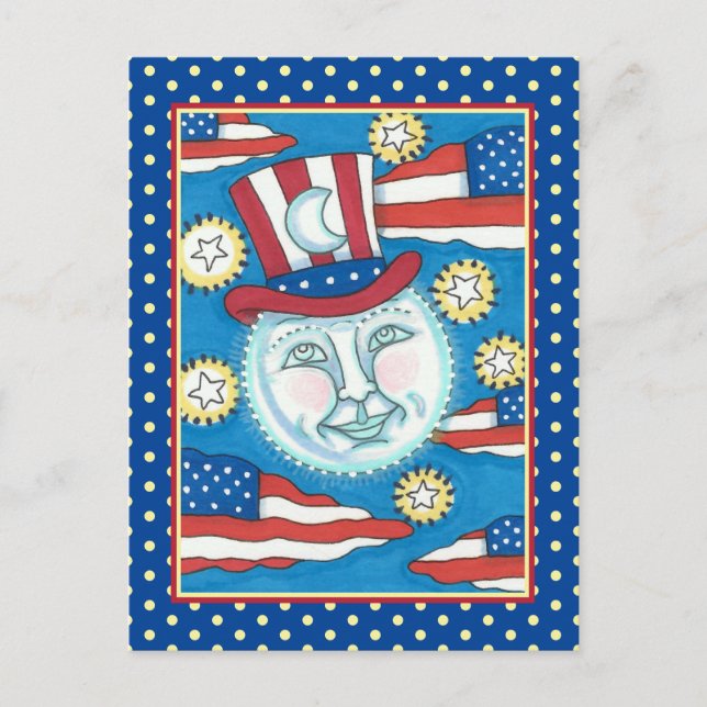 CARTÃO POSTAL DE FESTIVIDADES AMERICANA PATRIÓTICO DE ARTE FOLK NA LUA (Frente)
