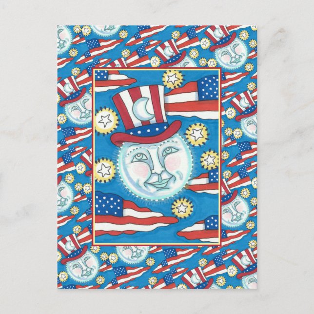 CARTÃO POSTAL DE FESTIVIDADES AMERICANA PATRIÓTICO DE ARTE FOLK NA LUA (Frente)