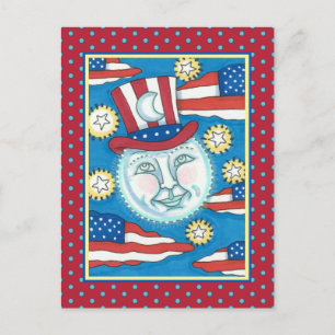 CARTÃO POSTAL DE FESTIVIDADES AMERICANA PATRIÓTICO DE ARTE FOLK NA LUA