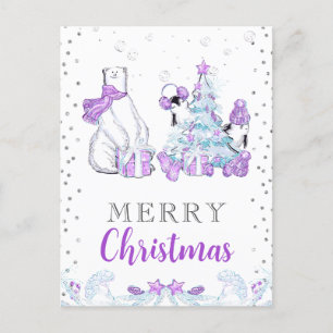 Cartão Postal De Festividades Amigos de Inverno Urso Polar e Pinguins Natal