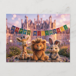 Cartão Postal De Festividades Animais de Pelúcia Fofos com Faixa de Feliz Aniver