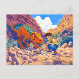 Cartão Postal De Festividades Anime boy com T-Rex na caça fóssil