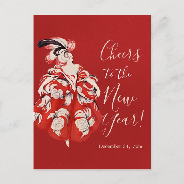 Cartão Postal De Festividades Anisette Red New Year's Eve Invitation Postcard (Frente)