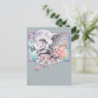 Cartão Postal De Festividades Anjo ao Luar — Lua & flores cor-de-rosa, paleta su