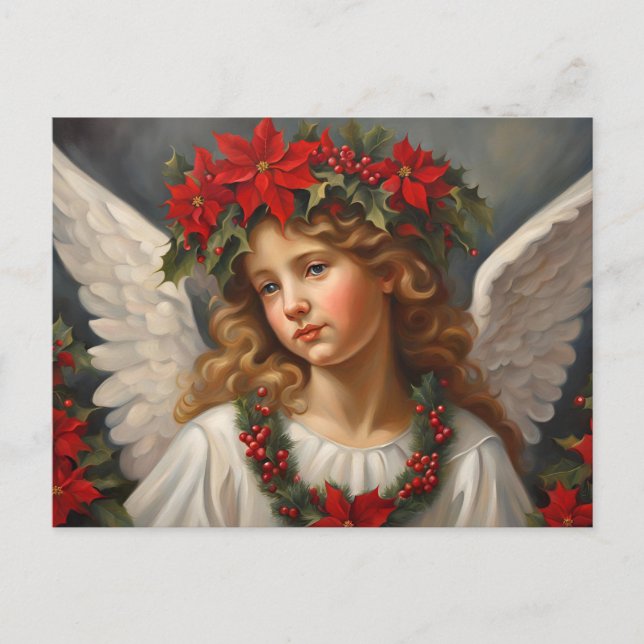 Cartão Postal De Festividades Anjo de Natal com Flores de Poinsettia Vermelha (Frente)