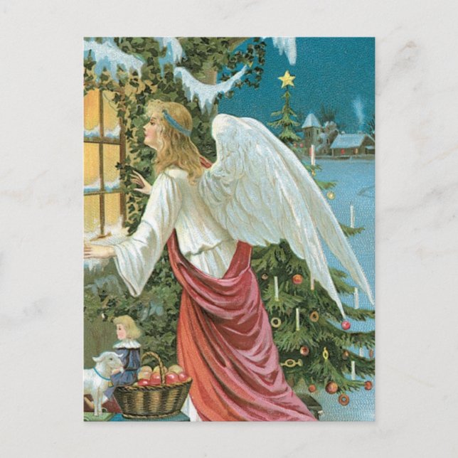 Cartão Postal De Festividades Anjo de Natal na Janela (Frente)