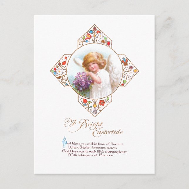 Cartão Postal De Festividades Anjo de Páscoa com Flores (Frente)