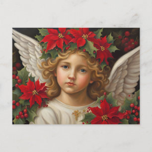 Cartão Postal De Festividades Anjo do Natal com Red Poinsettia Wreath