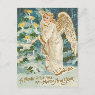 Cartão Postal De Festividades Anjo iluminando árvore de Natal com velas