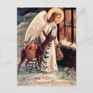 Cartão Postal De Festividades Anjo Natal olhando através da janela